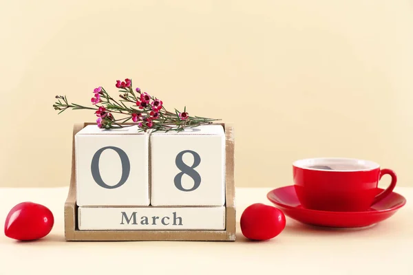 Block Calendar Cup Coffee Color Background International Women Day Celebration — Stock Photo, Image