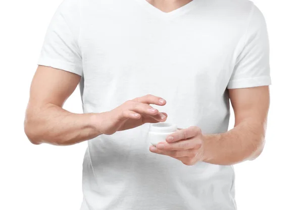 Man Applying Body Cream White Background Closeup — Stock Photo, Image