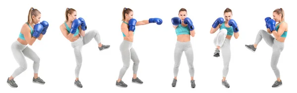 Set junge Frau mit Boxhandschuhen beim Training auf weißem Hintergrund — Stockfoto