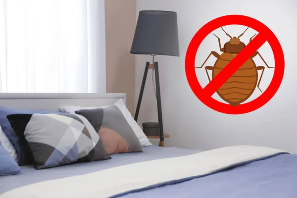 Stop Bug Schild Und Sauberes Bett Zimmer — Stockfoto