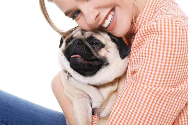 Young Woman Cute Pug Dog White Background Pet Adoption — Stock Photo, Image