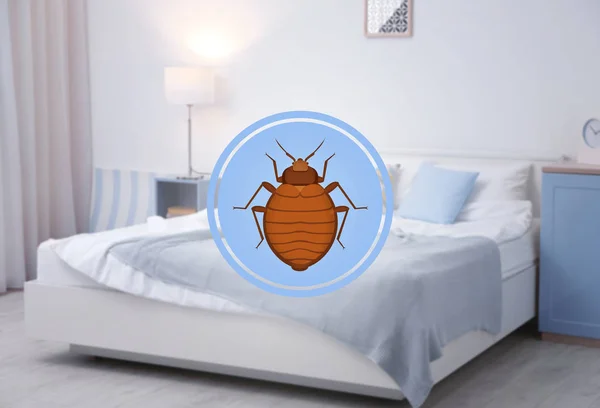Symbol of bug and infested bed on background