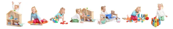 Boldog kis lány játszik a különböző játékok, fehér háttér kollázs — Stock Fotó