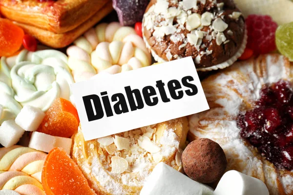 Tarjeta Con Palabra Diabetes Dulces Primer Plano —  Fotos de Stock