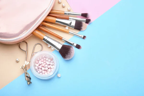 Decorative cosmetics and tools of professional makeup artist on color background — Stock Image Decorative Cosmetics Tools Professional Makeup Artist Color Background Stock Image