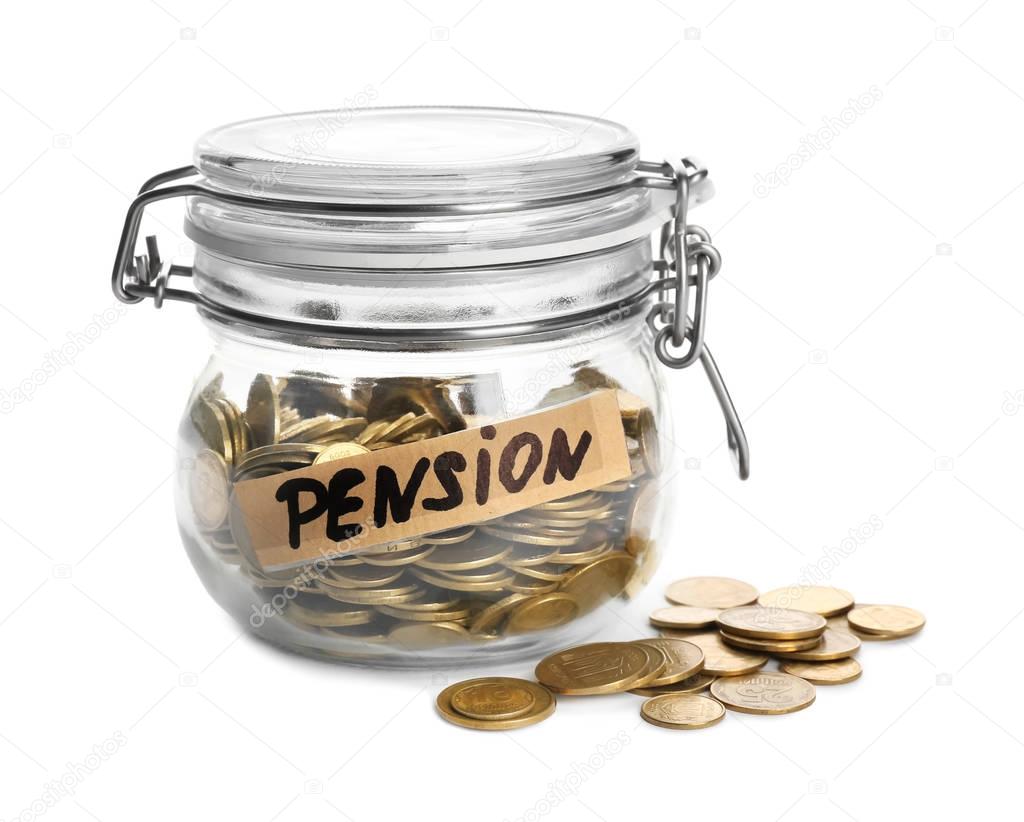 Coins in glass jar with tag PENSION on white background