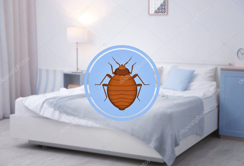 Symbol of bug and infested bed on background