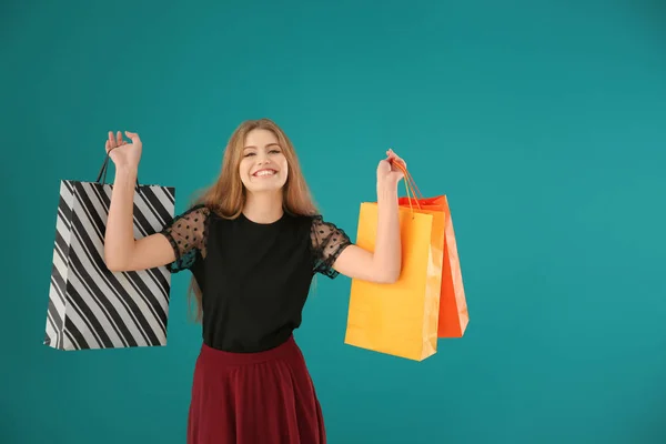 Beautiful Young Woman Shopping Bags Color Background — Stock Photo, Image