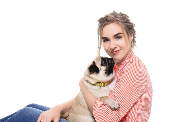Young Woman Cute Pug Dog White Background Pet Adoption — Stock Photo, Image