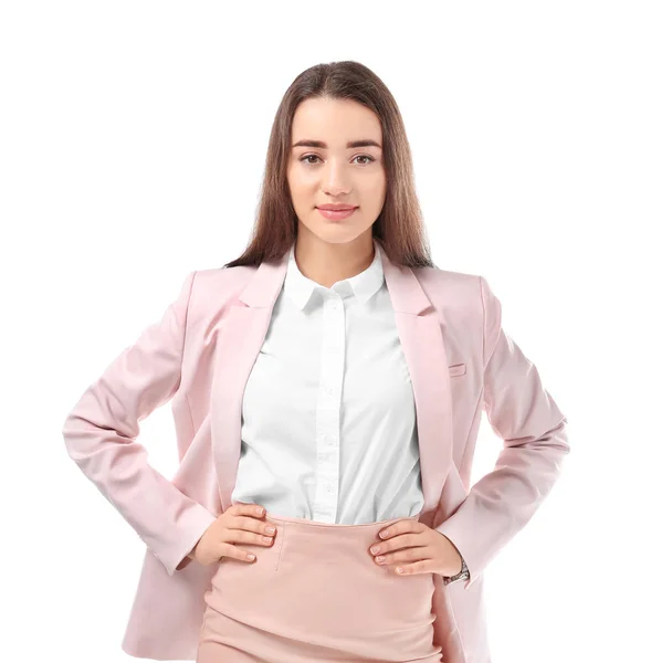 Hermosa Joven Traje Elegante Sobre Fondo Blanco —  Fotos de Stock