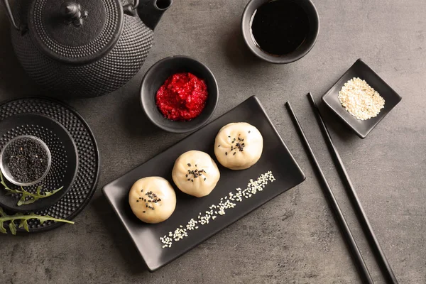 Tasty Baozi Dumplings Served Sesame Sauces Table — Stock Photo, Image