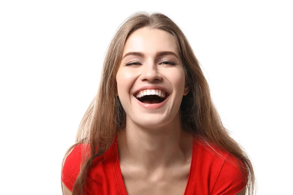 Mujer Joven Sonriente Ropa Casual Sobre Fondo Blanco — Foto de Stock