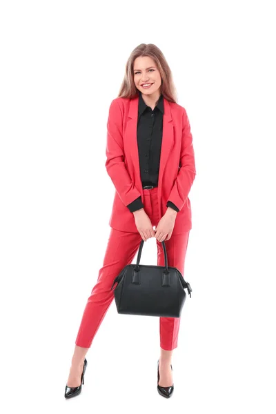 Beautiful young woman in elegant suit on white background — Stock Photo, Image