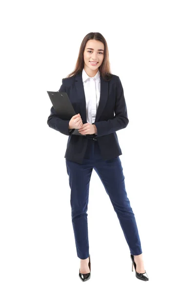 Schöne junge Geschäftsfrau im eleganten Anzug auf weißem Hintergrund — Stockfoto
