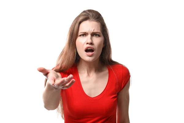 Mujer Joven Emocional Ropa Casual Sobre Fondo Blanco — Foto de Stock