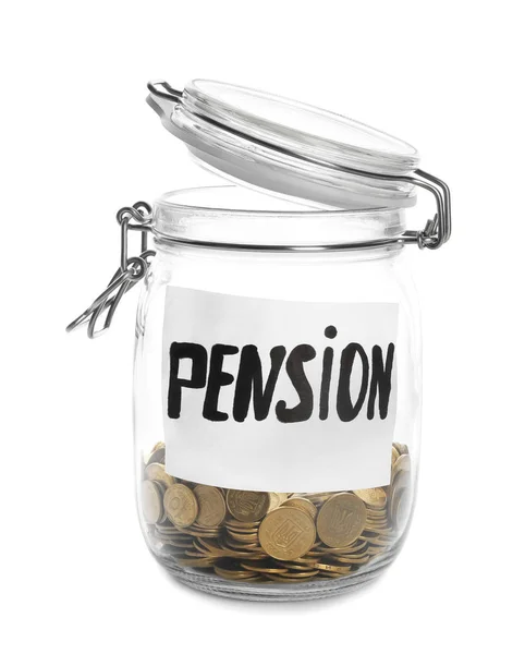 Érmék Üvegedénybe Tag Pension Fehér Háttér — Stock Fotó