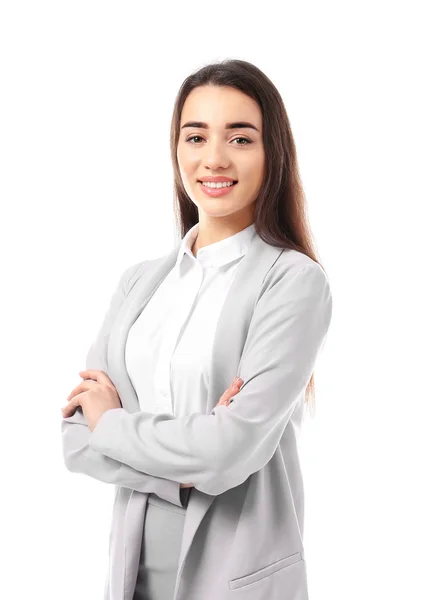 Hermosa Joven Traje Elegante Sobre Fondo Blanco —  Fotos de Stock