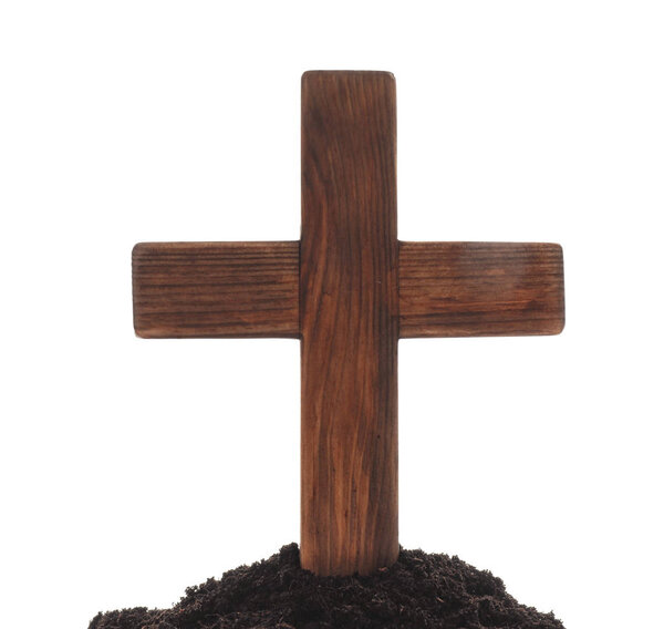Wooden cemetery cross against white background