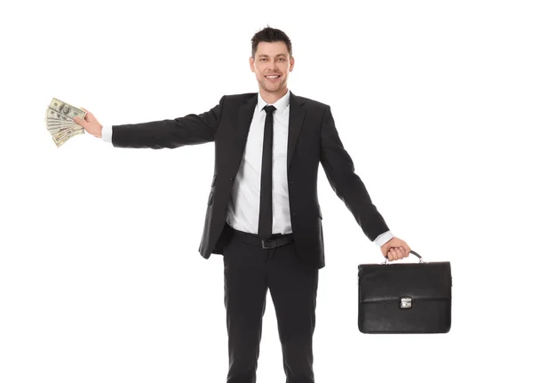 Businessman with briefcase and money on white background — Stock Photo, Image