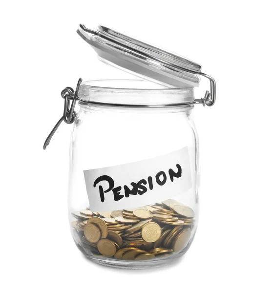 Coins Glass Jar Tag Pension White Background — Stock Photo, Image