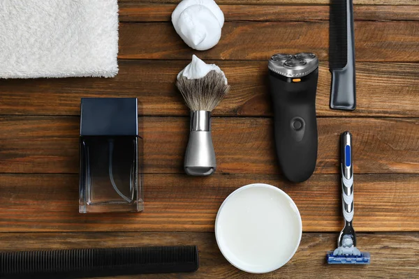 Shaving Accessories Man Wooden Table — Stock Photo, Image