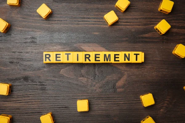 Palavra Aposentadoria Fundo Madeira Planejamento Pensões — Fotografia de Stock