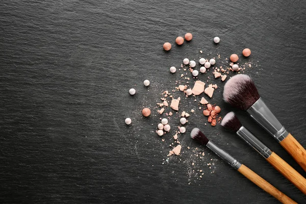 Brushes Crushed Decorative Cosmetics Professional Makeup Artist Dark Background — Stock Photo, Image
