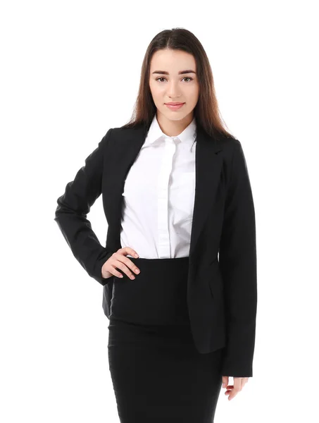 Beautiful young woman in elegant suit on white background — Stock Photo, Image