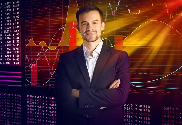 Businessman and stock exchange quotes on background — Stock Photo, Image