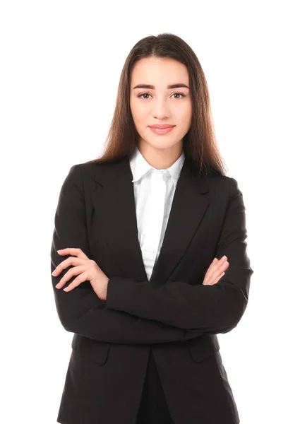 Mulher bonita em terno elegante no fundo branco — Fotografia de Stock