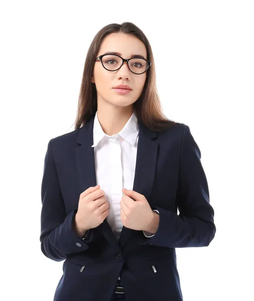 Hermosa Joven Traje Elegante Sobre Fondo Blanco —  Fotos de Stock