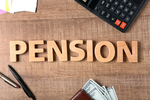 Word Pension Pens Calculator Money Wooden Background — Stock Photo, Image