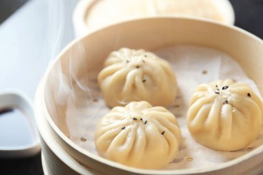 Bambu vapur baozi köfte, closeup ile