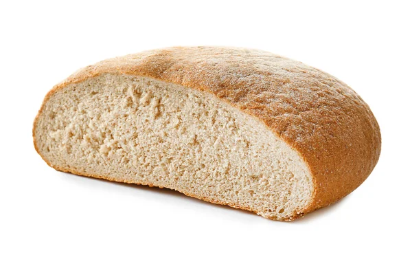 Cut loaf of freshly baked bread on white background — Stock Photo, Image