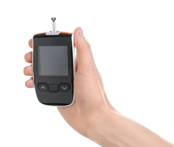 Vrouw met digitale glucometer op witte achtergrond. Diabetes concept — Stockfoto