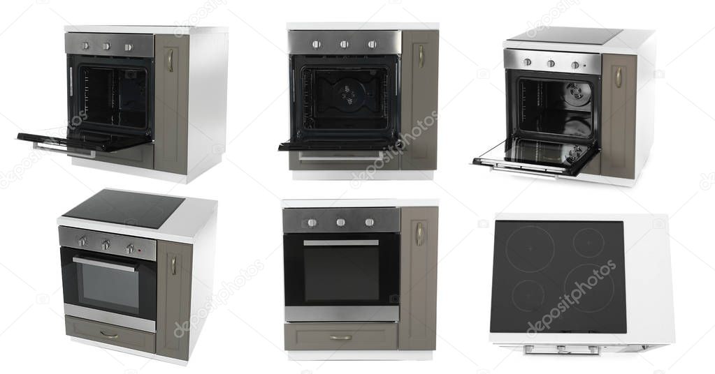 Set of electric ovens on white background
