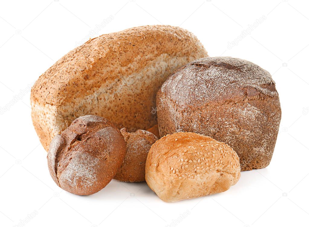 Bread products on white background
