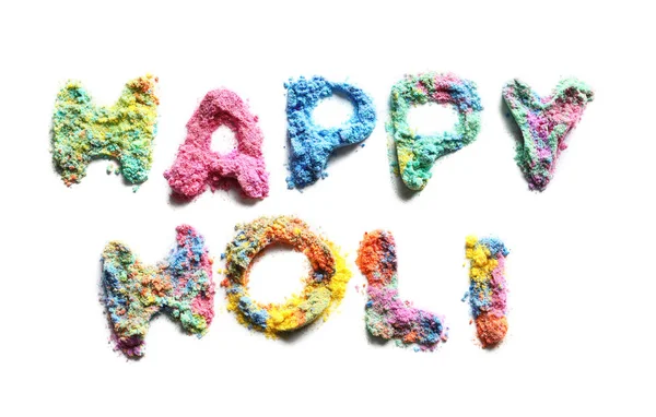 Text "HAPPY HOLI" made of colorful powders on white background — Stock Photo, Image