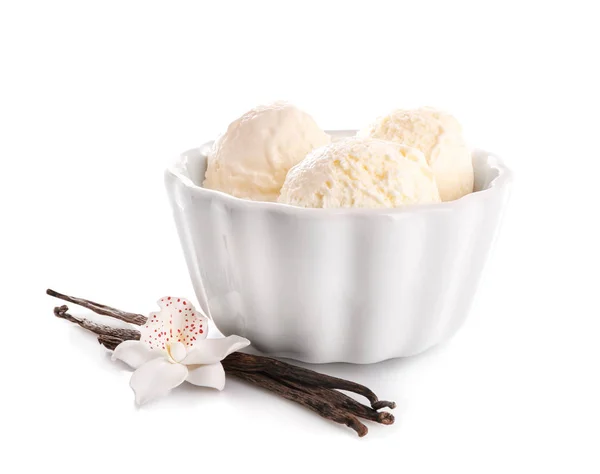 Bowl with delicious vanilla ice cream on white background — Stock Photo, Image