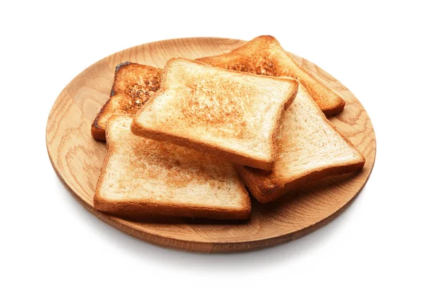 Placa de madeira com saboroso pão torrado no fundo branco — Fotografia de Stock