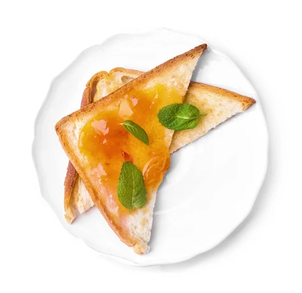 접시, 흰색 절연에 달콤한 잼으로 맛 있는 토스트 — 스톡 사진
