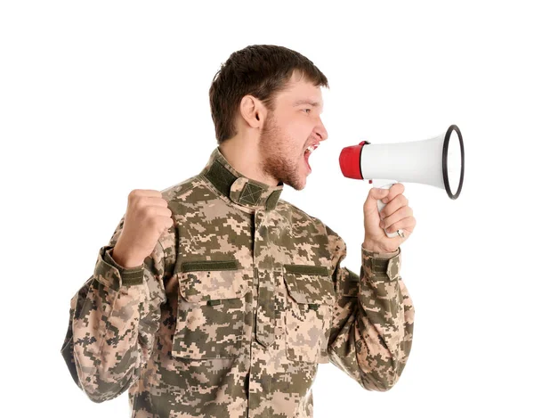 Hombre gritando en megáfono — Foto de Stock