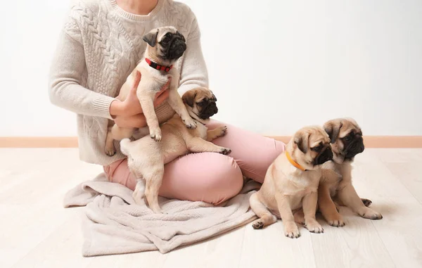 Mujer con cachorros lindo pug — Foto de Stock