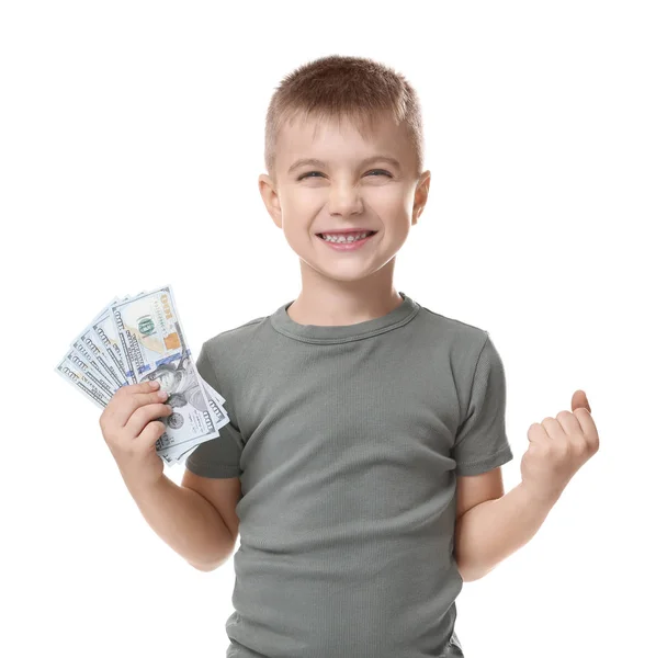 Happy little boy with money on white background — Stock Photo, Image