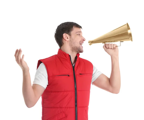 Man shouting into megaphone on white background — Stock Photo, Image