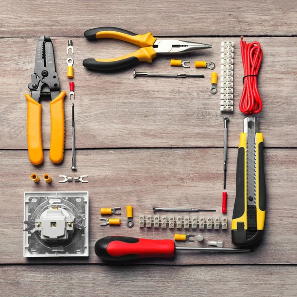 Verschillende Elektrische Gereedschappen Houten Achtergrond — Stockfoto