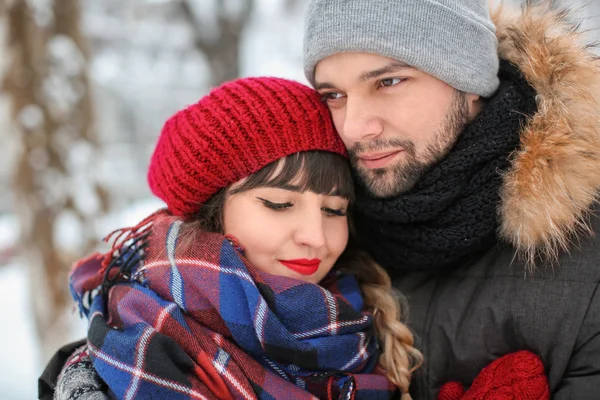 Retrato de jovem casal amoroso ao ar livre no dia de inverno — Fotografia de Stock