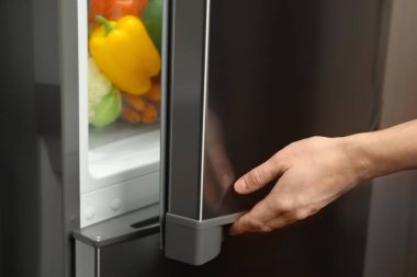 Genç kadın açılış buzdolabı, portre