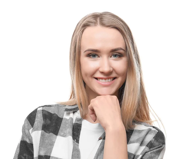 Retrato de bela mulher sorridente no fundo branco — Fotografia de Stock