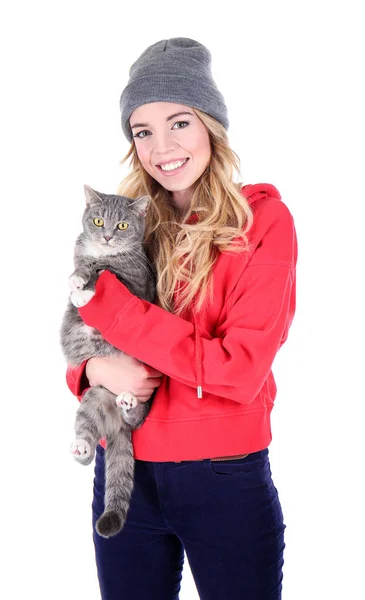 Portrait de jeune femme avec chat sur fond blanc. Propriétaire d'animal — Photo